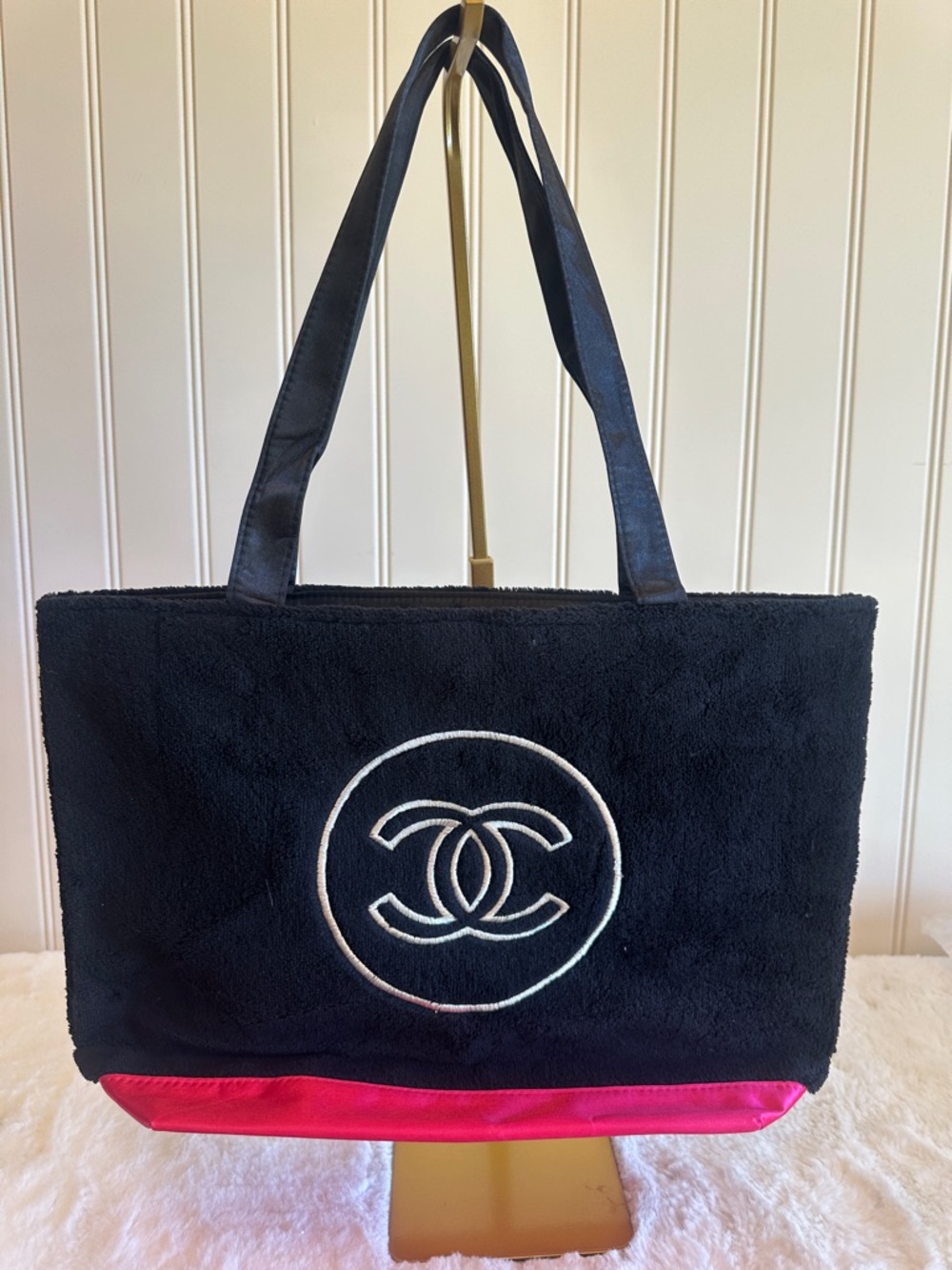 CHANEL Black Tote with Pink Trim and Signature CC